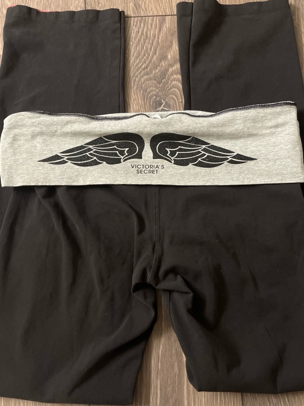Victoria's Secret Black Leggings with Gray Fold-Over Waist and Wing Logo